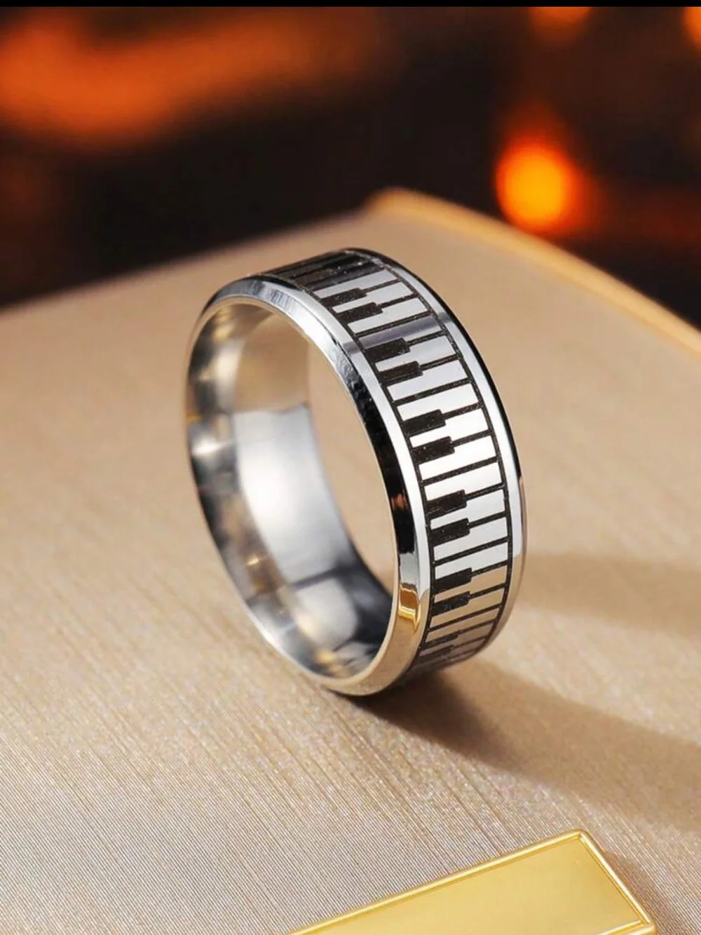 Silver Stainless Steel Piano Keyboard Pattern Stainless Steel Ring - Unisex